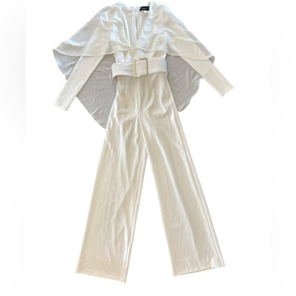 NWOT Akira White Cape Jumpsuit with Gold Buckle Size S
